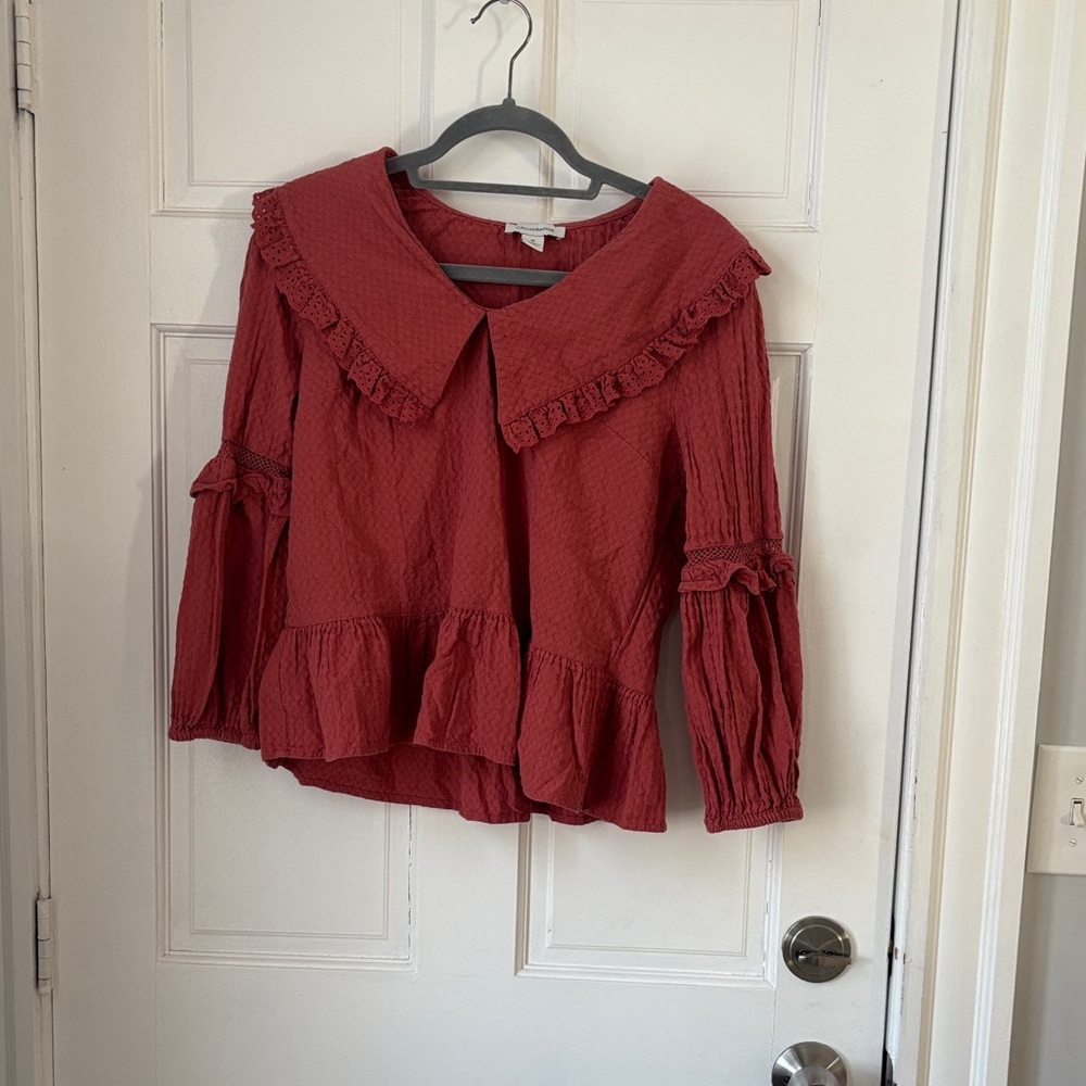 Elegant Brick Red Ruffled Blouse